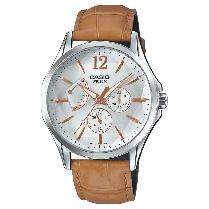 Casio Enticer MTP-E320LY-7AVDF Multi-Function Analog Silver Dial Leather Strap Men's Watch