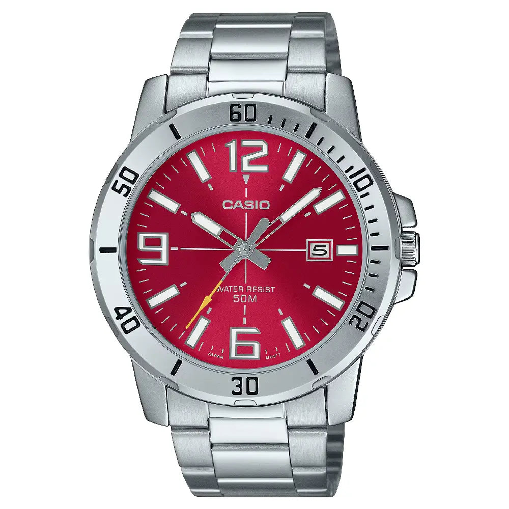 Casio Enticer MTP-VD01D-4BVUDF Date Analog Red Dial Stainless Steel Men's Watch