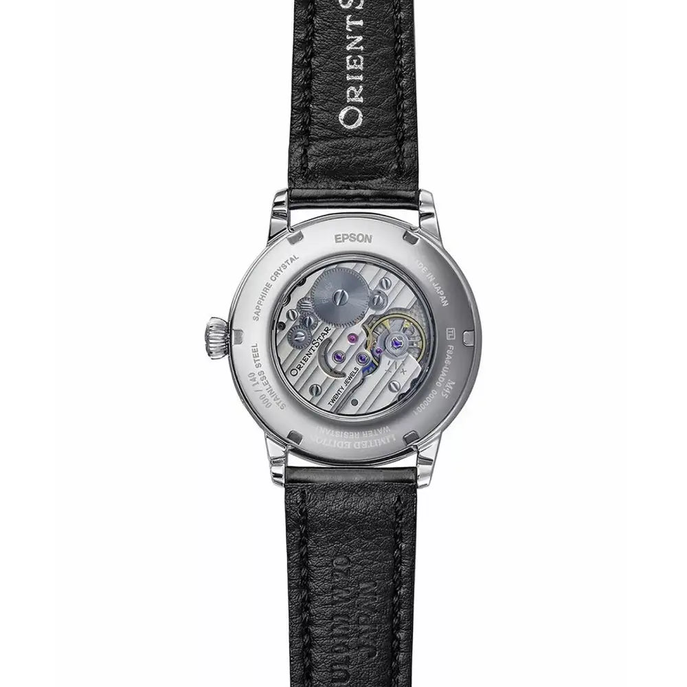 Orient Star RE-BW0005N00B M45 Classic Moon Phase 39.5mm gray black dial leather strap back view