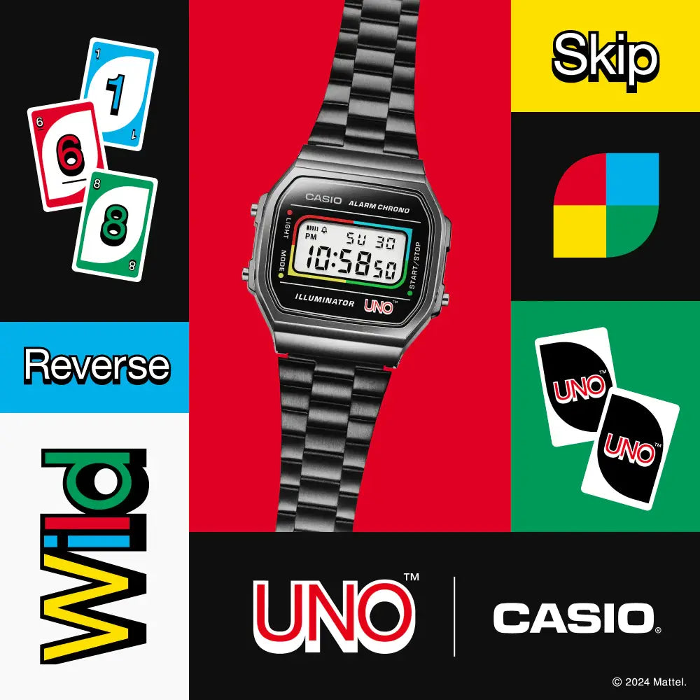 Casio Vintage Digital A168WEUC-1ADR Black with UNO Motif Dial Stainless Steel Unisex Watch