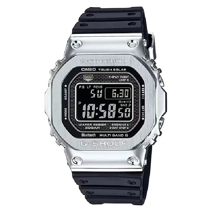 Casio G Shock GMW-B5000-1P Digital Full Metal Solar Bluetooth Silver And Black Digital Dial Resin Strap Men's Watch