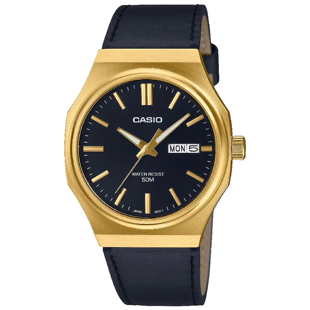 Casio Enticer Quartz Octagon "Casiocto" 37.5mm MTP-E735GL-1AVDF Black Dial Leather Strap Men's Watch