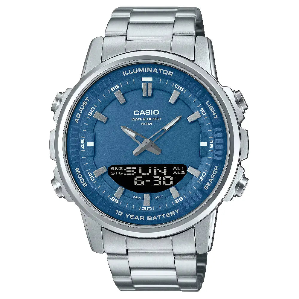 Casio Analog-Digital World Time AMW-880D-2A1VDF Blue Dial Stainless Steel Men's Watch