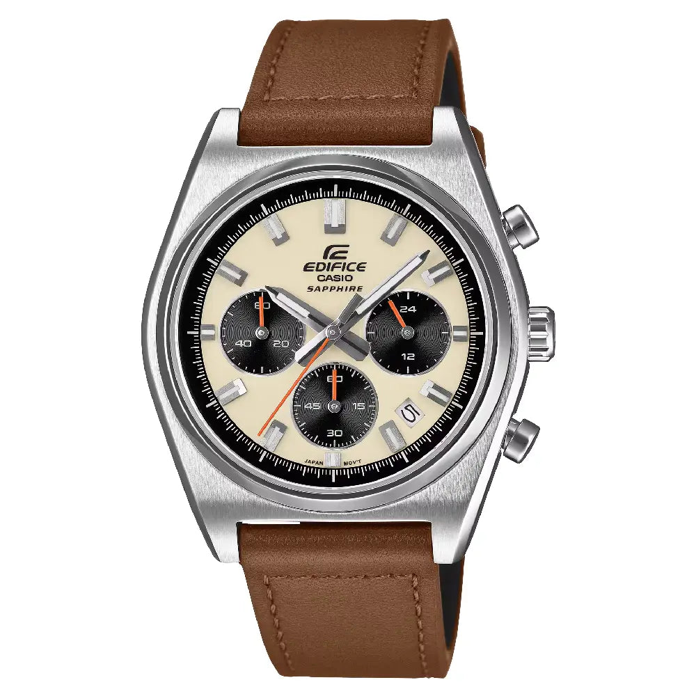 Casio Edifice EFB-730L-7AV Classic Sports Chronograph Cream Dial 40mm Leather Strap Men's Watch