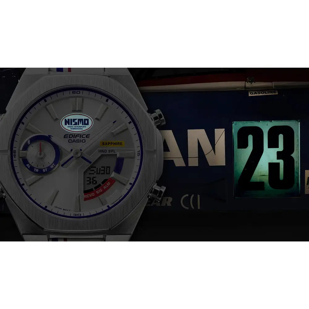 Casio Edifice Limited Edition "NISMO Heritage" ECB-S10NIS-7 Analog-Digital Solar Bluetooth White Dial 43mm Leather Strap Men's Watch