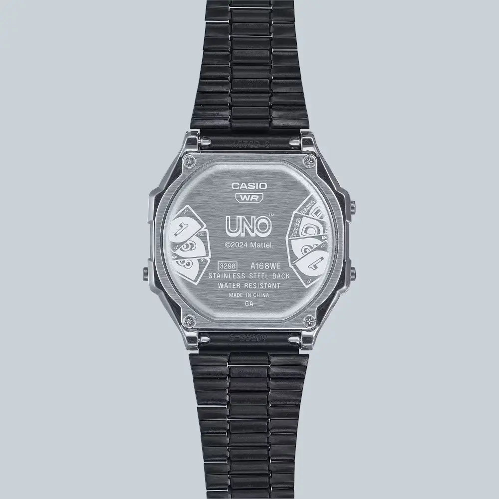 Casio Vintage Digital A168WEUC-1ADR Black with UNO Motif Dial Stainless Steel Unisex Watch