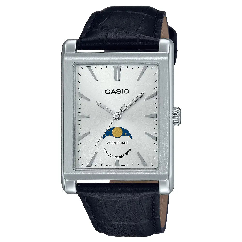Casio Enticer MTP-M105L-7AVDF Moon Phase Analog Silver Dial Leather Strap Men's Watch