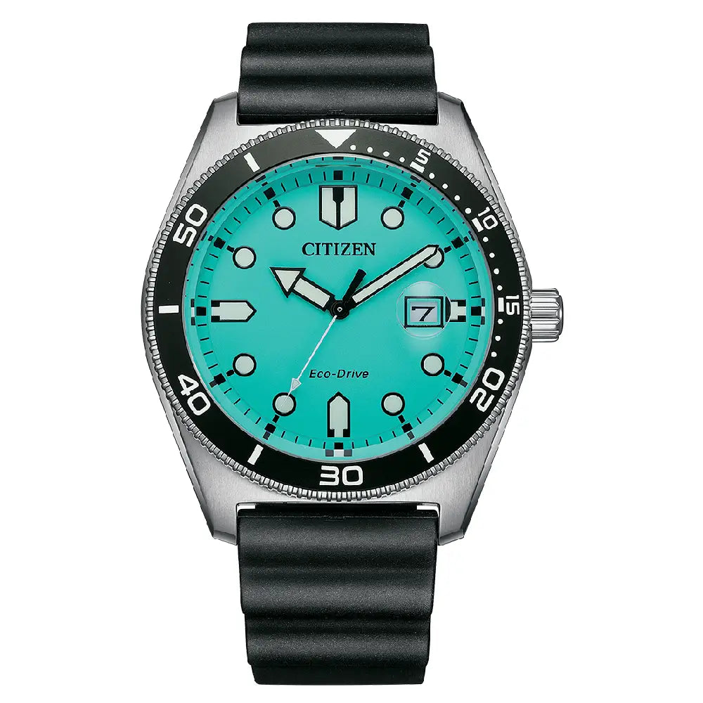 Citizen Eco-Drive AW1760-14X Analog Diver-Style "Aqua Matic" Turquoise Dial 43mm Rubber Strap Men's Watch