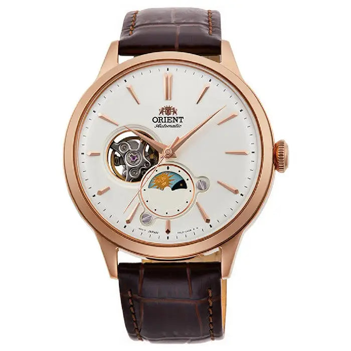 Orient Classic "Sun & Moon Open Heart" RA-AS0102S White Dial 41.5mm Leather Strap Men's Watch