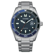 Citizen Eco Drive AW1761-89L blue dial 43mm stainless steel mens watch front view