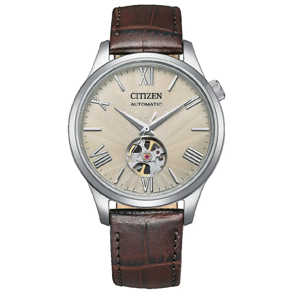 Citizen Mechanical NH9130-17A Automatic Open Heart White/Cream Dial Leather Strap Men's Watch