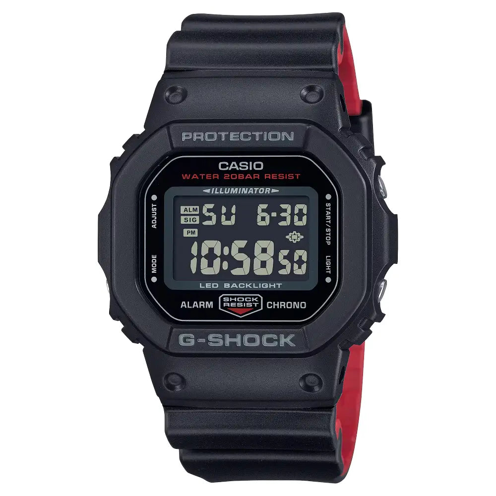 Casio G Shock DW-5600UHR-1D Black Red Heritage mens watch front view