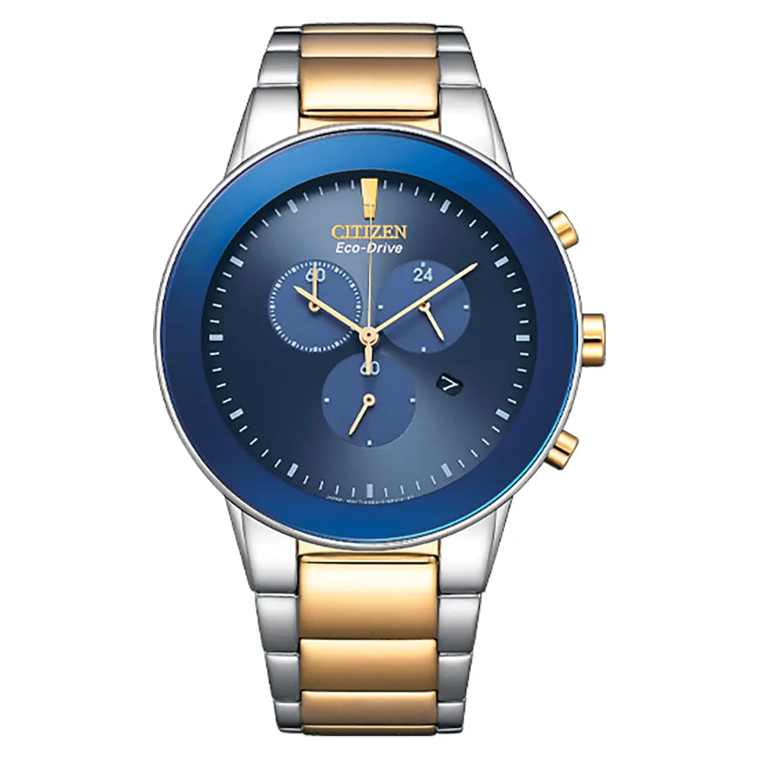 Citizen Eco-Drive Chronograph AT2244-84L Solar-Blue Dial Stainless Steel Two-Tone Men's Watch