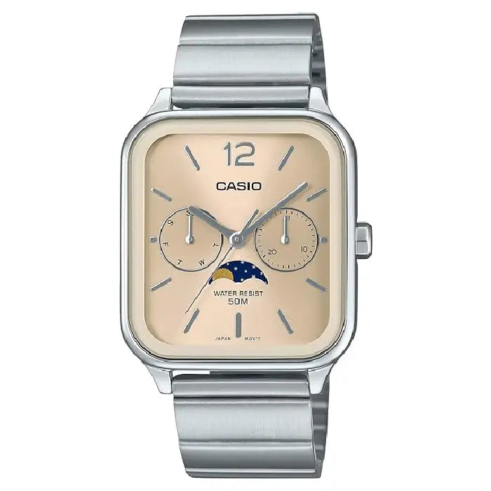 Casio Enticer MTP-M305D-9AVDF Multi-Hand Moon Phase Analog Beige Dial Stainless Steel Men's Watch