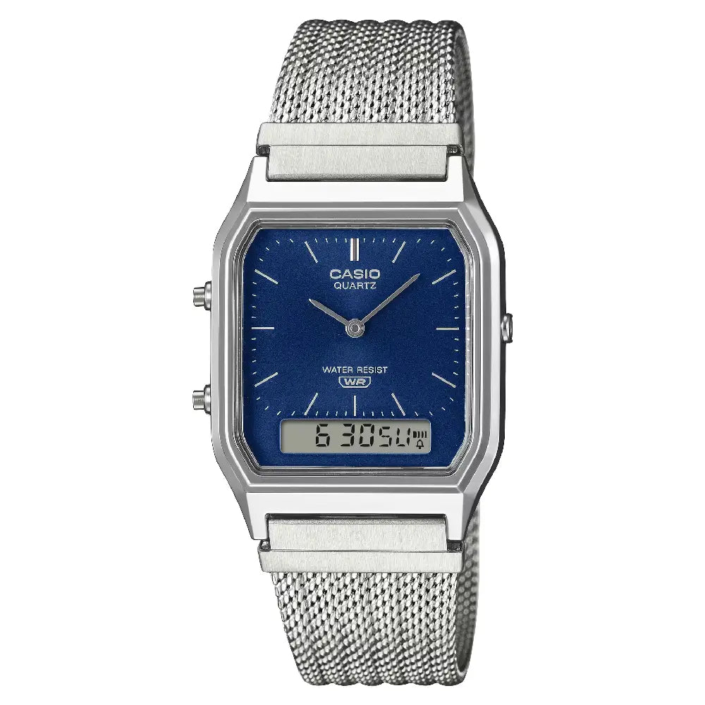 Casio Vintage "Mesh Dual Time" AQ-230EM-2ADF Navy Blue Dial 29.8mm Stainless Steel Men's Watch