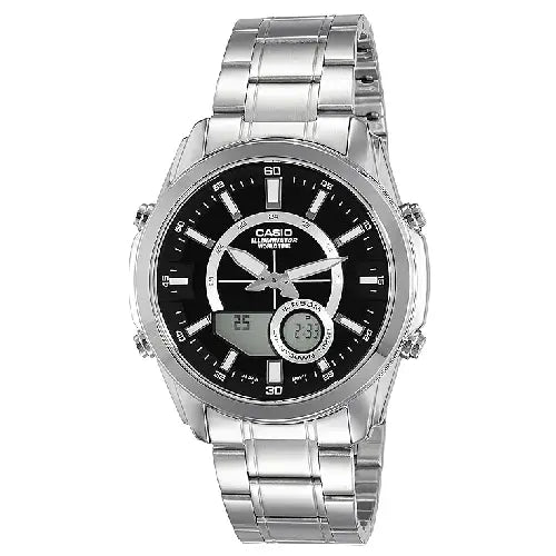 Casio Analog-Digital World Time AMW-810D-1AVDF Black Dial Stainless Steel Men's Watch
