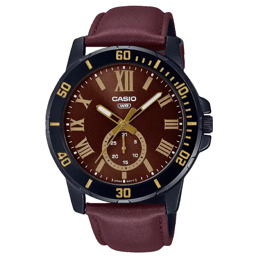 Casio Enticer MTP-VD200BL-5BUDF Multi-Hand Day Date Analog Brown Dial Leather Strap Men's Watch