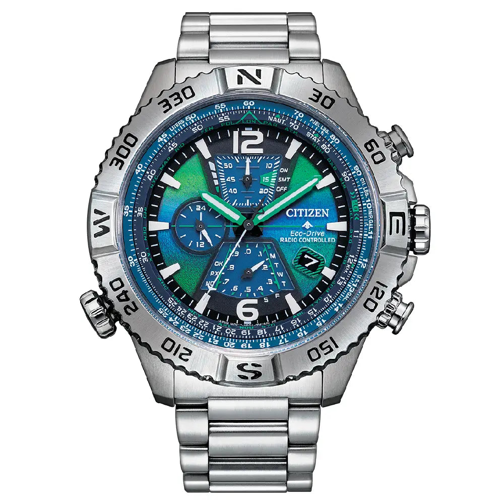 Citizen Promaster Navihawk AT8220-55W blue green dial stainless steel men's watch