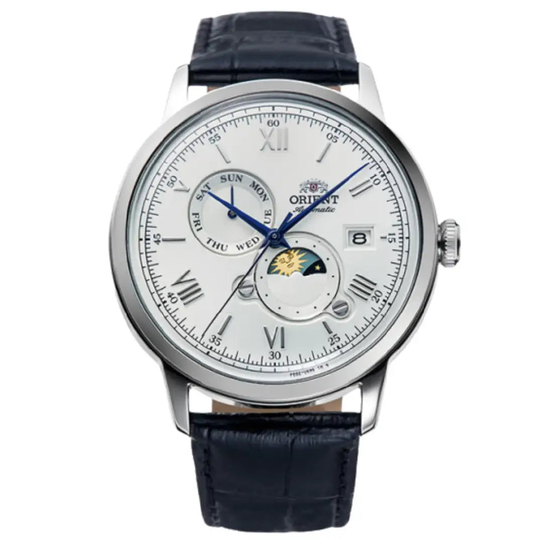 Orient Automatic RA-AK0802S Bambino Sun & Moon White Dial Leather Strap Men's Watch