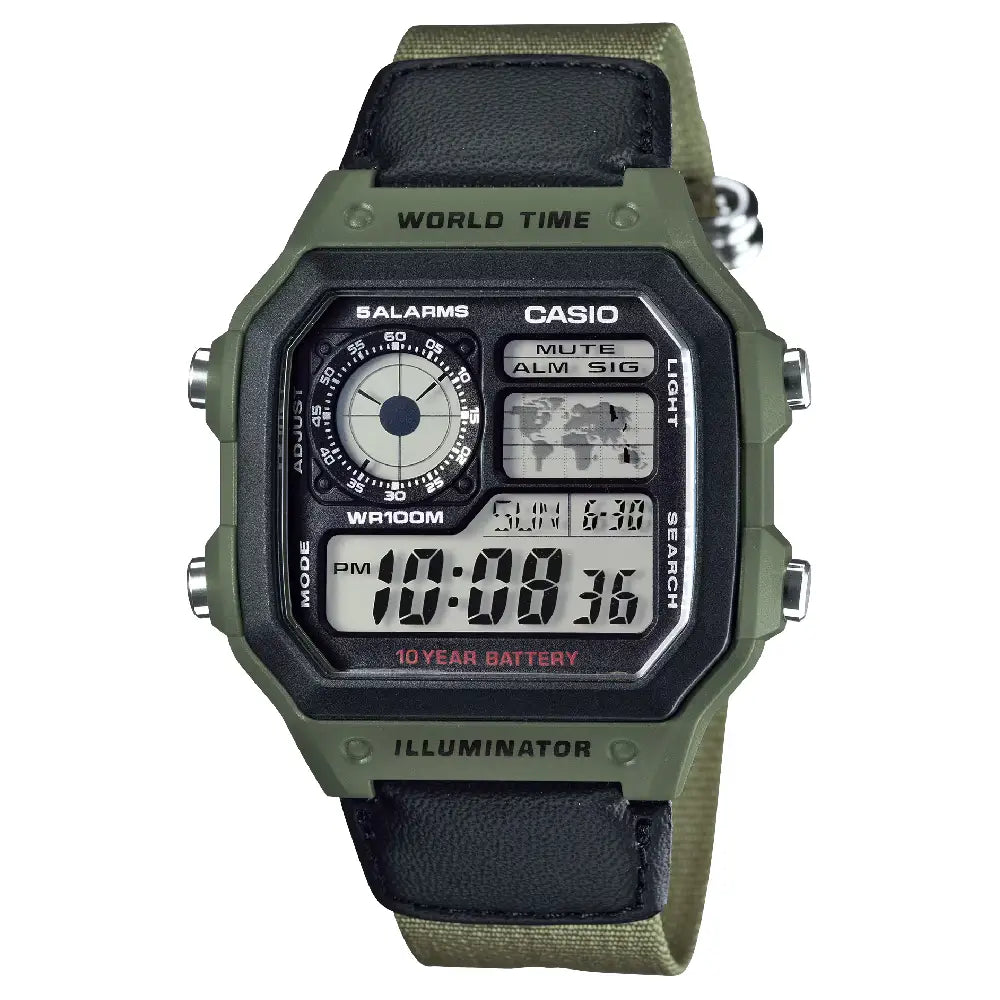Casio World Time Digital AE-1200WHB-3BVDF Grey/Black Dial Digital and Analog Fabric Strap Men's Watch