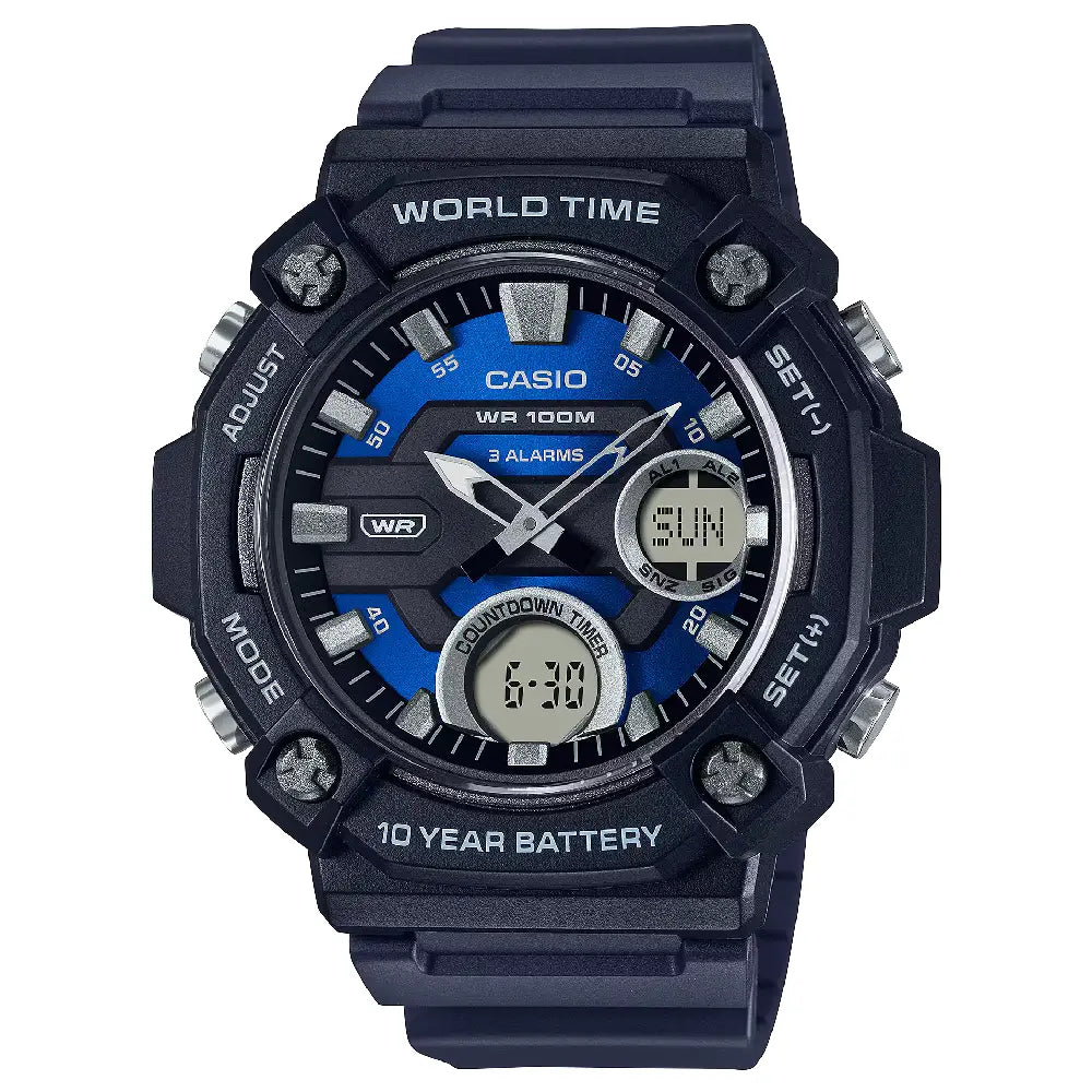 Casio Analog-Digital World Time AEQ-120W-2AVDF with Fishing Timer Blue Dial Resin Strap Men's Watch