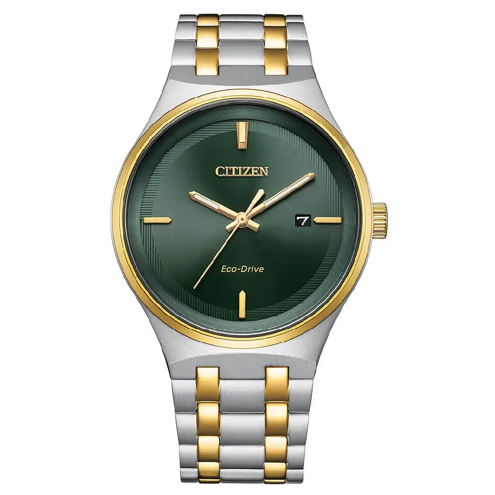 Citizen Eco Drive BM7654-57X green dial 40mm two tone stainless steel mens watch