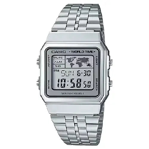 Casio Vintage Digital A500WA-7DF World Time Grey Dial Stainless Steel Unisex Watch