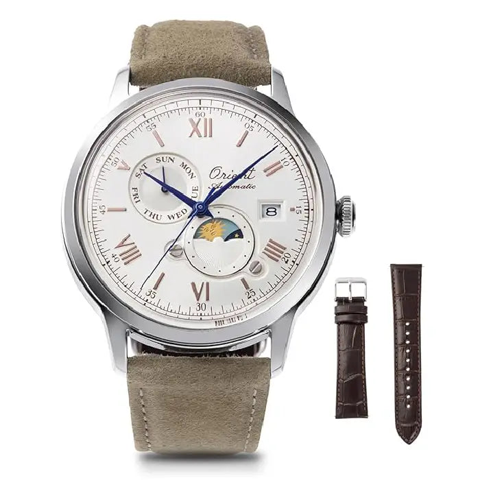Orient Classic RN-AK0808S (RA-AK0808S) Automatic "Bambino Sun & Moon" 75th Anniversary Limited Edition (5,500 Pieces) White Dial 41.5mm Leather Strap Men's Watch