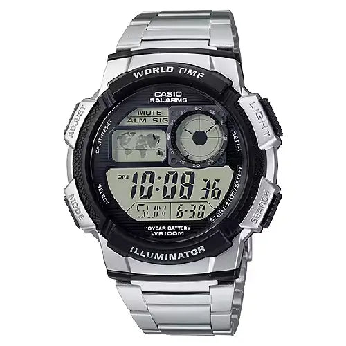 Casio World Time Digital AE-1000WD-1AVDF Black Dial Stainless Steel Men's Watch