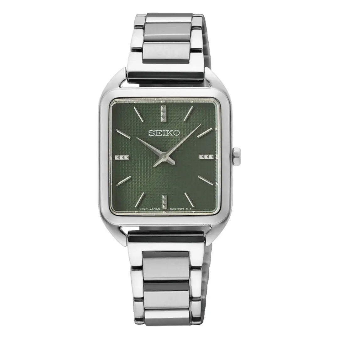Seiko Essentials SWR075P1 Square Case Green Dial Stainless Steel Women's Watch