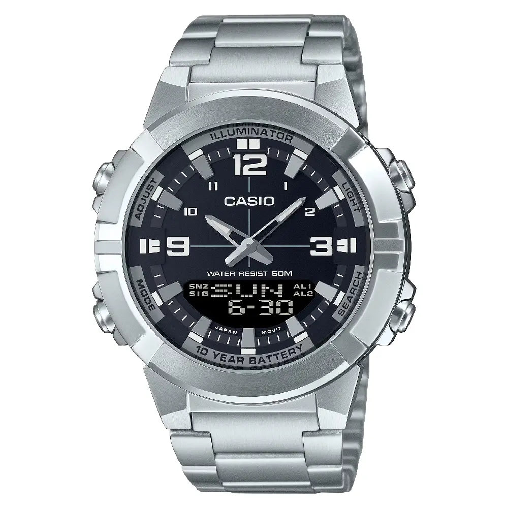 Casio Analog-Digital World Time AMW-870D-1AVDF Time Black Dial Stainless Steel Men's Watch