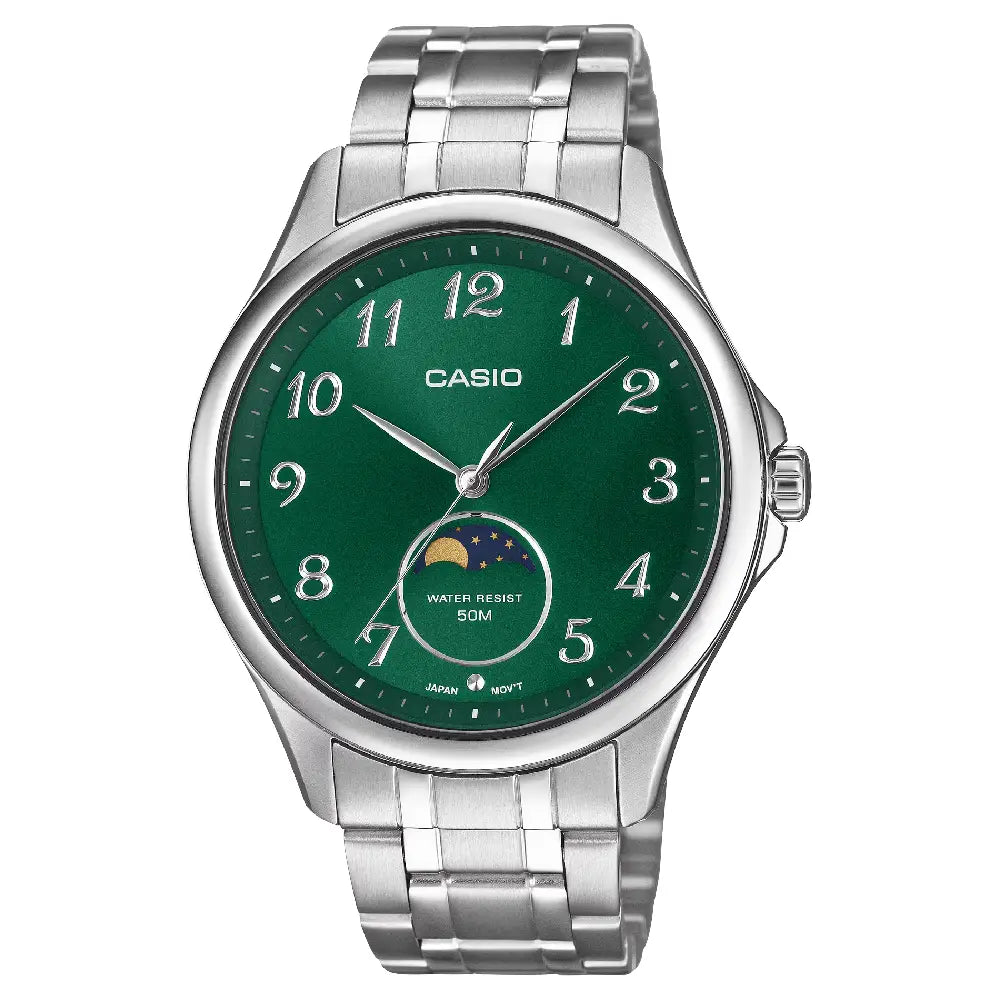 Casio Classic MTP-M110D-3A Analog (New Model) Moon Phase Green Dial Stainless Steel Men's Watch