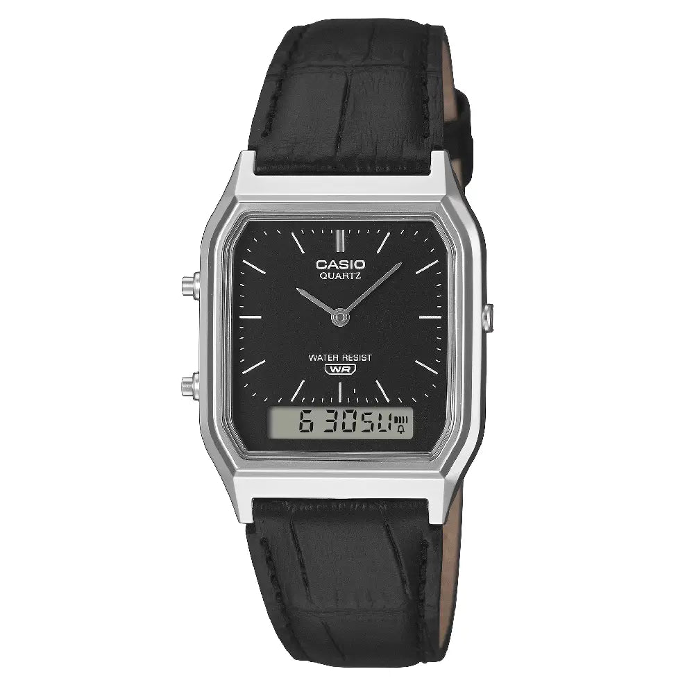 Casio Vintage Analog-Digital AQ-230EL-1ADF Black Dial Black Leather Strap Men's Watch
