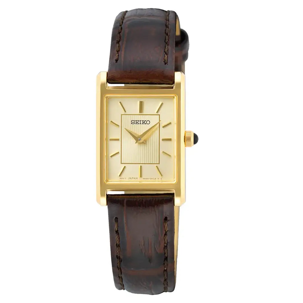 Seiko Essentials SWR066P1 (Seiko Tank) Gold-Tone Rectangular & Champagne Dial 19mm Leather Strap Women's Watch