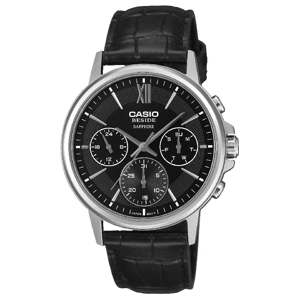 Casio Beside Sapphire Multi-Hand BMS-300L-1A Black Dial 40.7mm Leather Strap Men's Watch