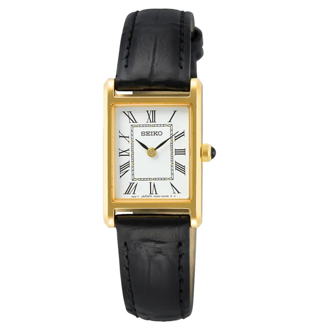 Seiko Essentials SWR054P1 (Seiko Tank) Gold-Tone Rectangular White Dial 18.9mm Leather Strap Women's Watch