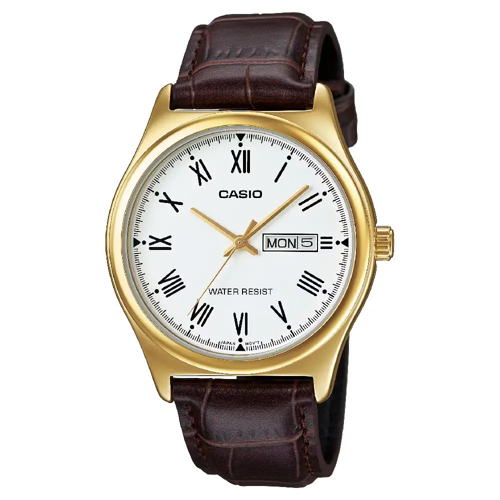 Casio Enticer MTP-V006GL-7BUDF Day Date Analog White Dial Leather Strap Men's Watch
