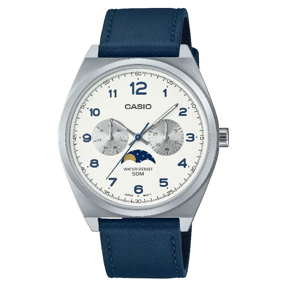 Casio Enticer MTP-M300L-7AVDF Multi-Hand Moon Phase Analog White Dial Leather Strap Men's Watch