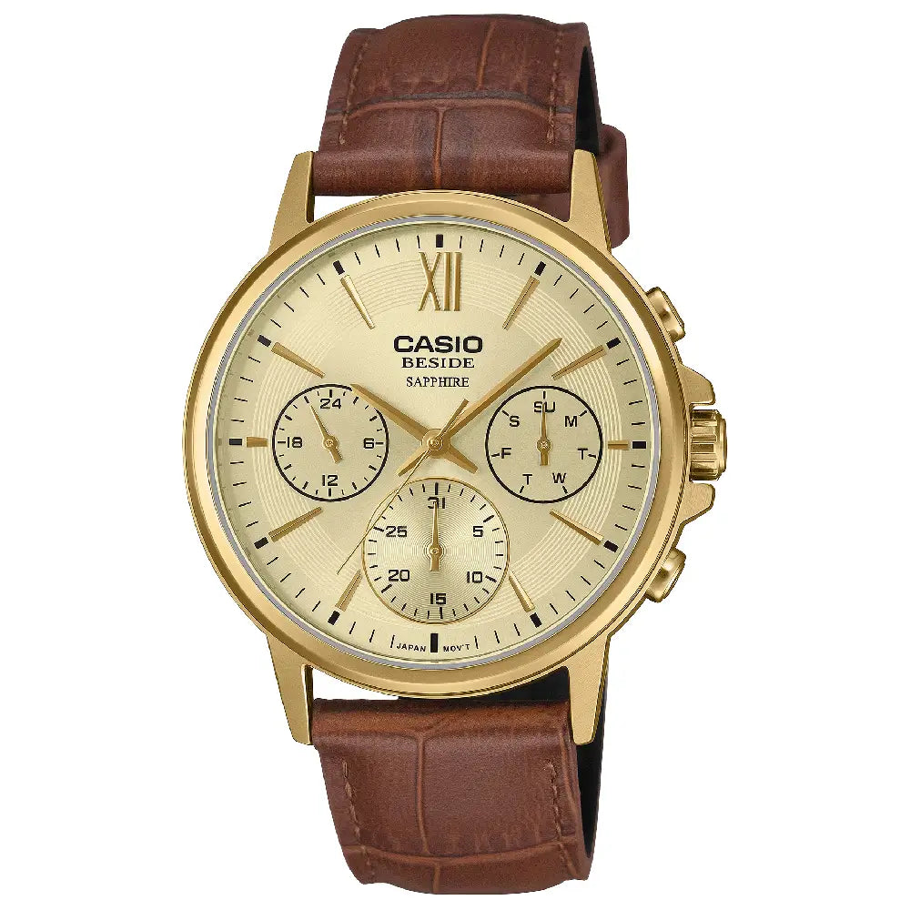 Casio Beside Sapphire Multi-Hand BMS-300GL-5A Gold Dial 40.7mm Leather Strap Men's Watch