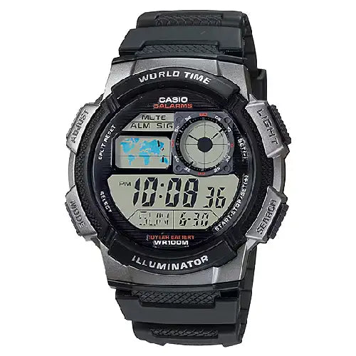 Casio World Time Digital AE-1000W-1BVDF Black Dial Resin Strap Men's Watch