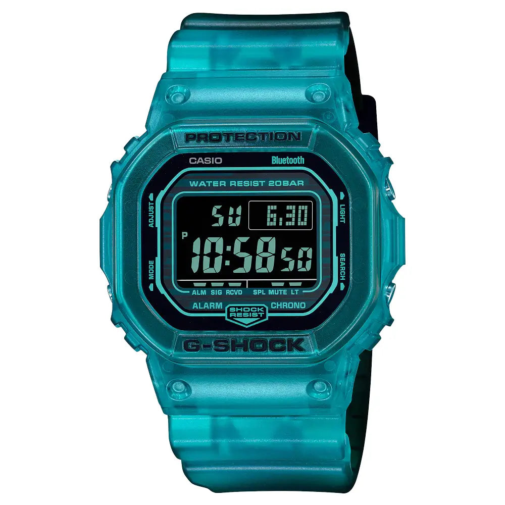 Casio G-Shock DW-B5600G-2DR blue resin digital watch front view