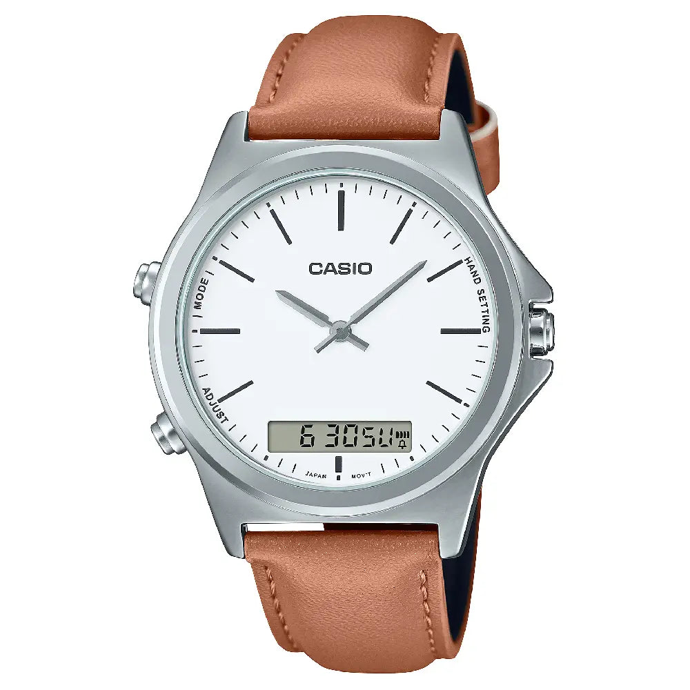 Casio Enticer MTP-VC01L-7EUDF Analog Digital White Dial Leather Strap Men's Watch