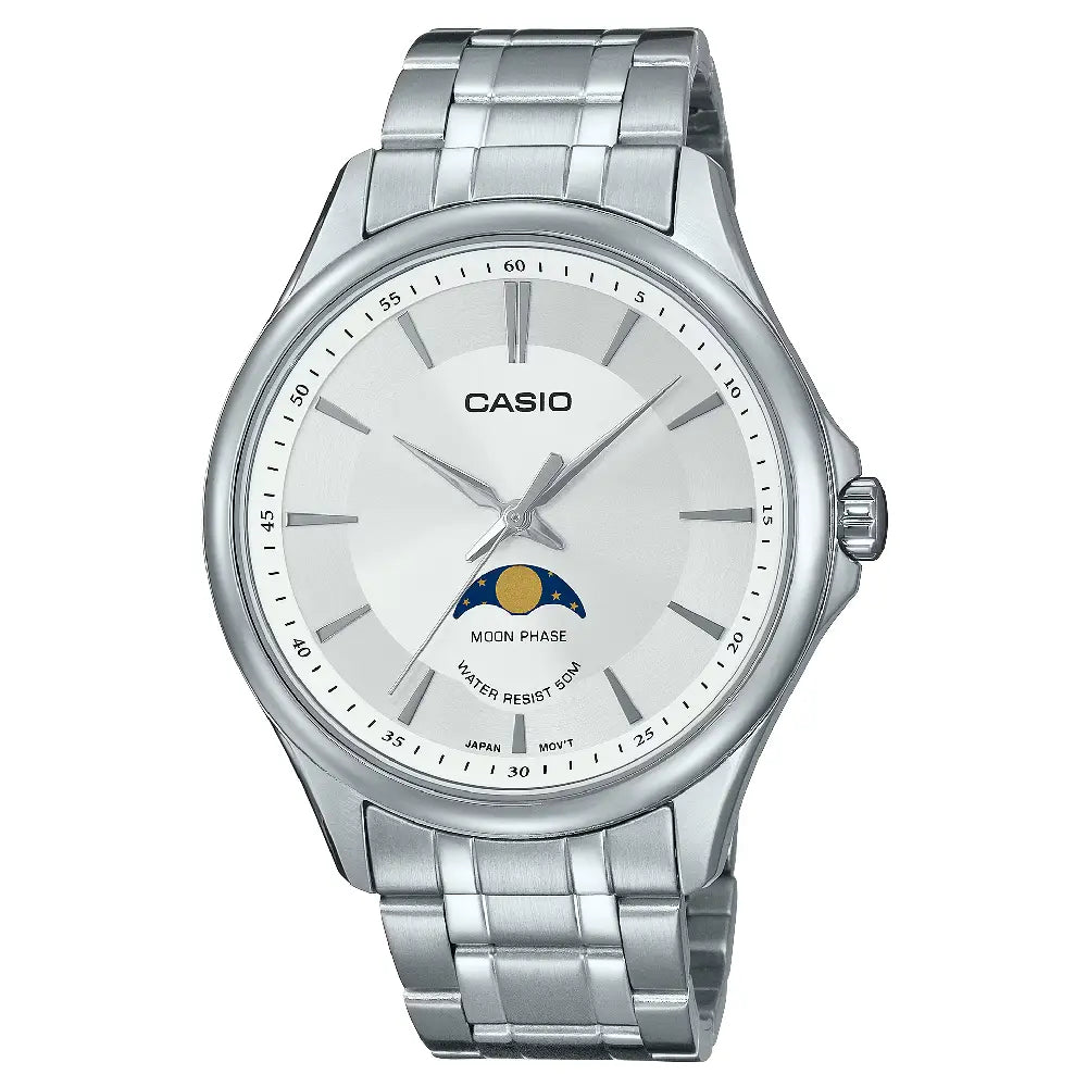 Casio Enticer MTP-M100D-7AVDF Moon Phase Analog White Dial Stainless Steel Men's Watch
