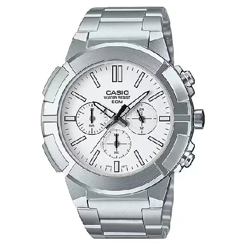 Casio Enticer MTP-E500D-7AVDF Chronograph Analog White Dial Stainless Steel Men's Watch