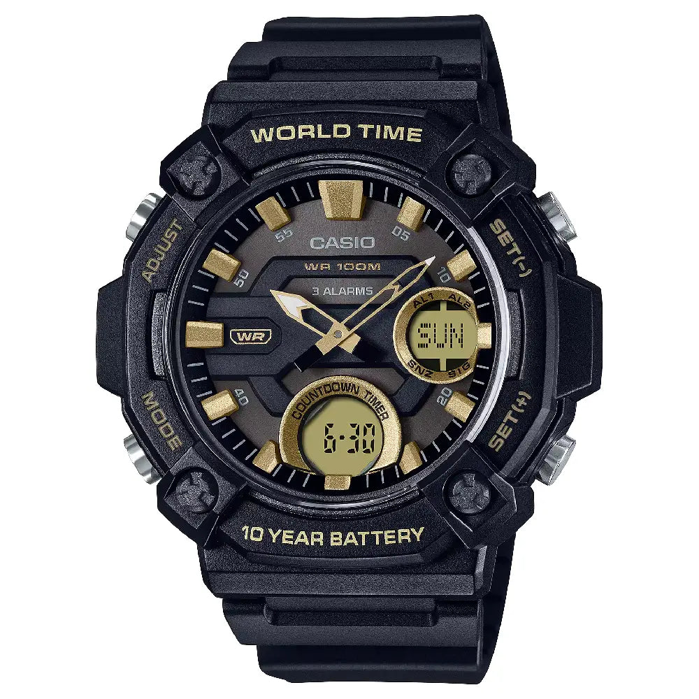 asio Analog-Digital World Time AEQ-120W-9AVDF with Fishing Timer Black with Gold Dial Resin Strap Men's Watch