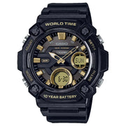 Casio Analog-Digital World Time AEQ-120W-9AVDF with Fishing Timer Black with Gold Dial Resin Strap Men's Watch