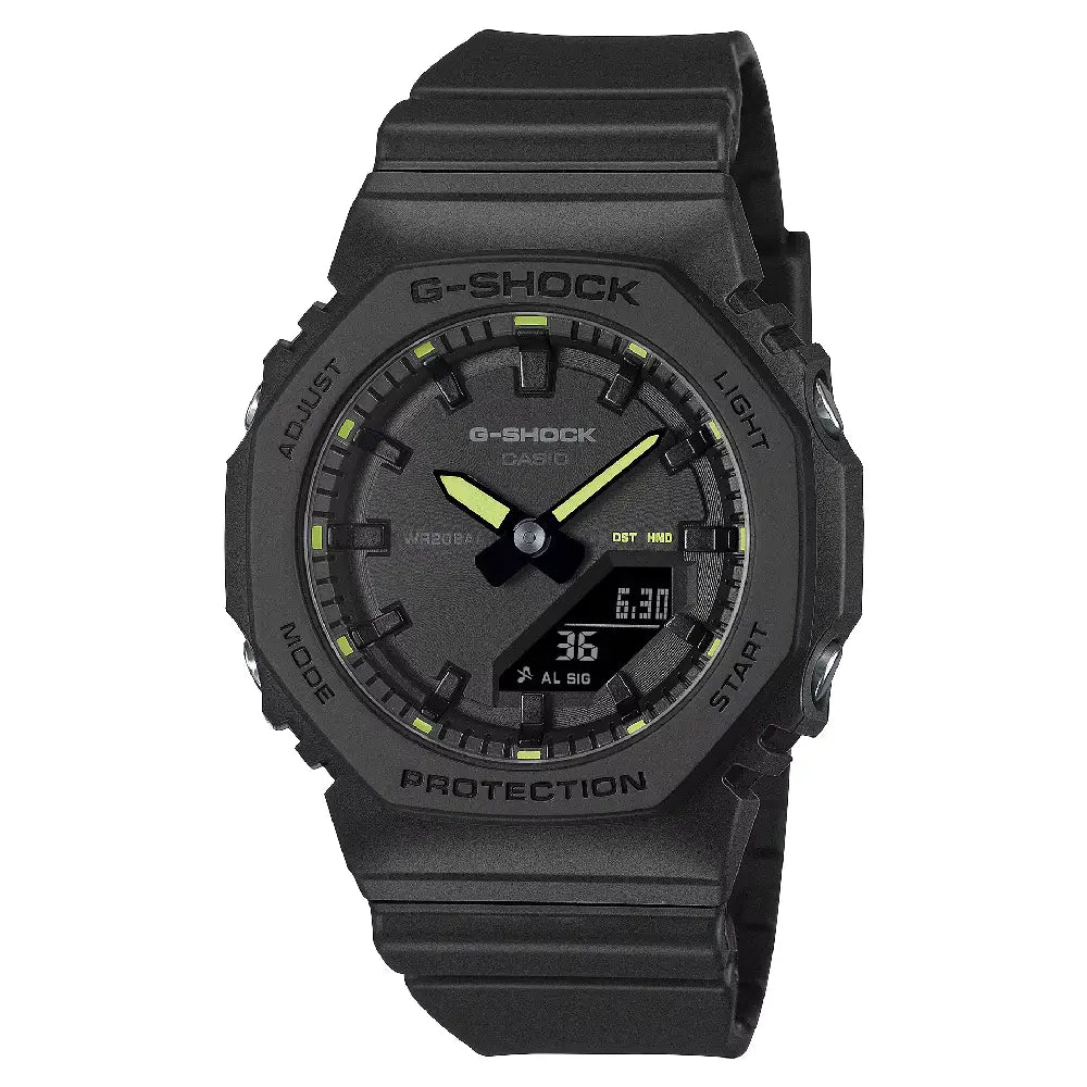 Casio G Shock GMA-P2100SA-1A2 Analog-Digital "Compact CasiOak" Black Dial Neon Yellow Accents Resin Strap Women's Watch