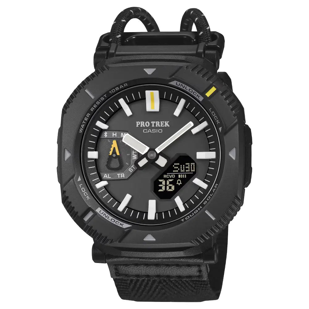 Casio ProTrek PRJ-B001B-1D Analog-Digital Solar Bluetooth "Rotary Guard" Black Dial Cloth Bungee Strap Men's Watch