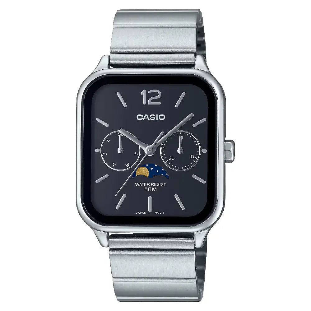 Casio Enticer MTP-M305D-1AVDF Multi-Hand Moon Phase Analog Black Dial Stainless Steel Men's Watch