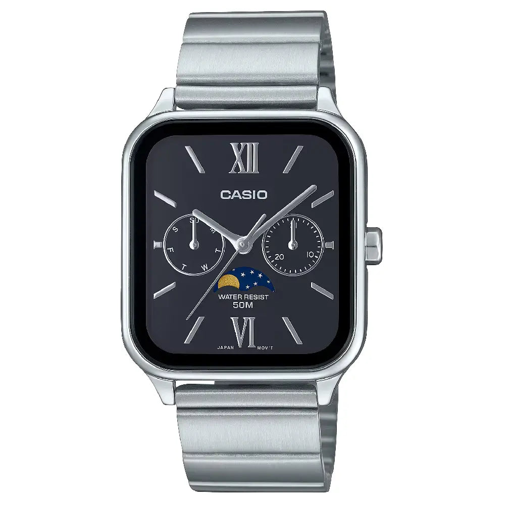 Casio Enticer MTP-M305D-1A2VDF Multi-Hand Moon Phase Analog Black Dial Stainless Steel Men's Watch